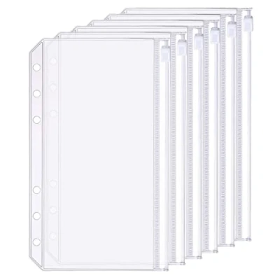 Image of 6 Pack A6 Holes Binder Zip Pockets Plastic Zipper Folders Waterproof Loose Leaf Bags Lock Envelope for Documents Notebooks Cards (Zip Pocket, A6)