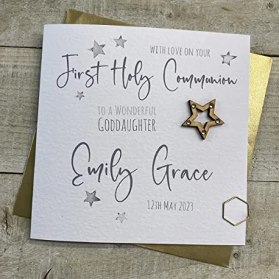 Image of WHITE COTTON CARDS PERSONALISED FIRST 1ST HOLY COMMUNION CARD. GODDAUGHTER. ANY RELATION. SILVER WOODEN STAR DESIGN. Handmade (P22 67 GODD &amp; XP22 GODD)