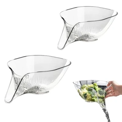 Image of 2PCS Multi Functional Drain Basket, Drainage Basket Funnel, Multifunctional Plastic Draining Bowl, Kitchen Utensils Food Drainer, Bowl with Funnel for Vegetables, Fruit (B Transparent)