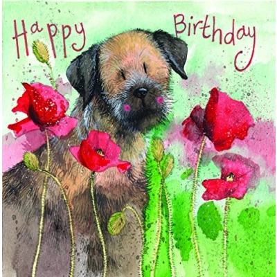 Image of ALEX CLARK Border Terrier and Poppies Birthday Card Watercolour Art Designed Printed in UK