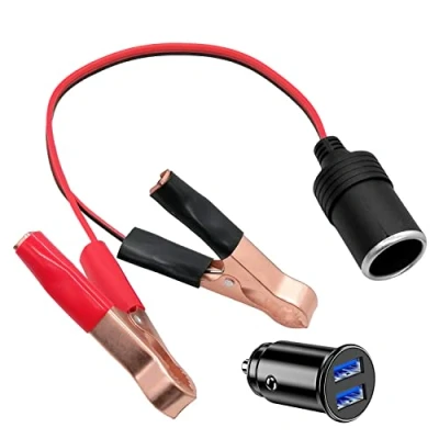 Image of Hoembpn Car Battery Alligator Clips to Cigarette Lighter Adapter 12v Female Socket 30cm Cable 18AWG,12V/24V Mini Dual USB Charger