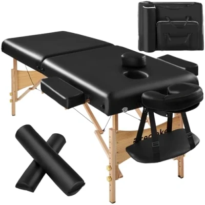 Image of TecTake® Portable Massage Table with 7.5cm Soft Padding, Beech Frame, Ergonomic Multi Functional Headrest, Oil &amp; Water Resistant Vinyl Cover, Foldable Including Storage Bag, Ideal for Beauty black