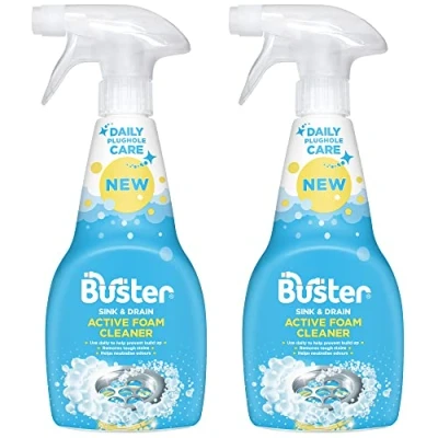 Image of Buster Active Foam Sink &amp; Drain Cleaner 500ml x 2 to Remove Limescale Stains Daily Plughole Odour Eliminator for Sinks, Showers, Drains and Plugs