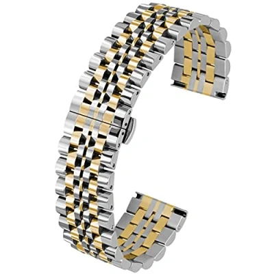 Image of Kai Tian 5 Colors for Flexible Watch Strap Polished 7 Rows 20mm 22mm Stainless Steel Band Quick Release Metal Bracelet Deployment Clasp (22mm, Silver+IP Gold)