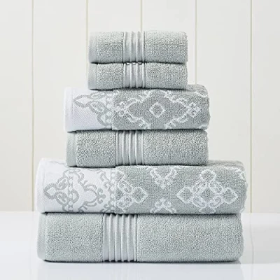 Image of Modern Threads 6 Piece Set, 2 Bath Towels, Hand Washcloths Yarn Dyed Jacquard/Solid Towel Set Charlize Dark Sage