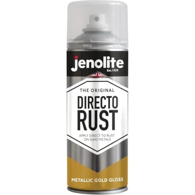 Image of JENOLITE Directorust Metallic Gloss Spray Paint Gold 400ml Multi Surface for Metal, Wood, Plastic All In_OnePrimer, Undercoat and Topcoat Interior &amp; Exterior