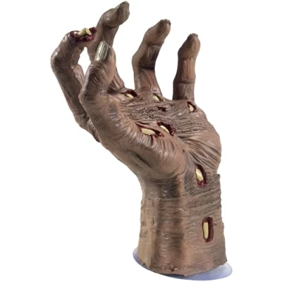 Image of Smiffys Latex Rotting Zombie Hand Prop, Natural with Suction Attachment, 21x10cm / 8x4in, Halloween Fancy Dress Accessory, Up decorations