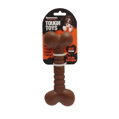 Image of Rosewood small tough and durable chew teething bone shaped dog toy for all dogs puppies made of nylon material, Beef flavoured scented, brown