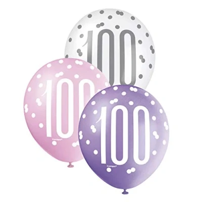 Image of Vibrant 100th Glitz Petal Pink, Spring Lavender &amp; White Latex Balloons (30cm) Perfect for Birthday, Party Decor More 6ct