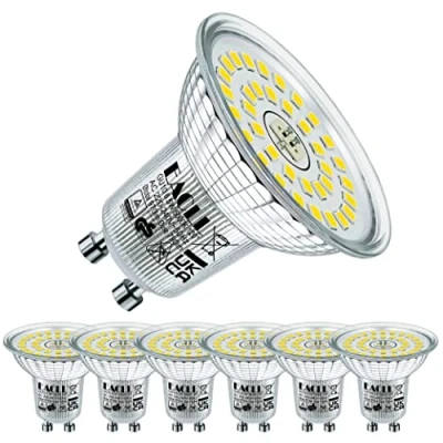 Image of EACLL GU10 LED Bulbs Daylight White 5000K 6.5W Replaces 100W Halogen Bulbs, Pack of 6, 970 Lumen, AC 230 V Flicker Free Spotlight Beam Angle 120 Spot, Non Dimmable Shorter Reflector Lamps