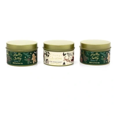 Image of Set of 3 Vanilla and Mistletoe Fir Christmas Scented Tin Candles Piece Candle In A Festive Trio Gift