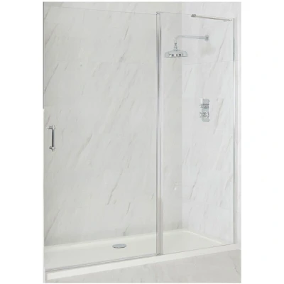 Image of Milano Langley Traditional Chrome Walk In Wet Room Hinged Door Frameless Shower Enclosure and White Tray with Drying Area Fast Flow Waste