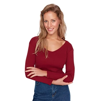 Image of Trendyol Women Regular Basic V Neck Knit Blouse Burgundy