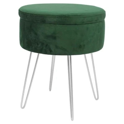 Image of Harbour Housewares 1x Green/Silver H45 x D36cm Round Velvet Storage Footstool Living Room Dressing Table Ottoman Pouffe Chair Seat