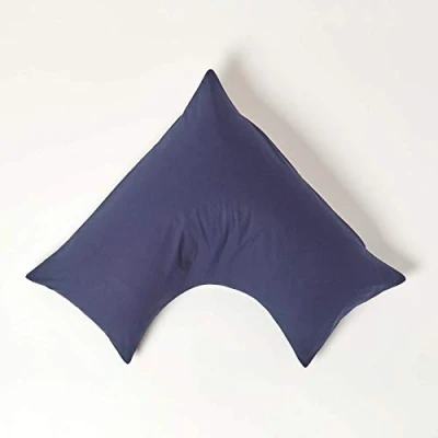 Image of HOMESCAPES Navy Blue Pure Egyptian Cotton V Shape Pillowcase 200 TC 400 Thread Count Percale Equivalent Pillow Case For Nursing Pregnancy and Elderly