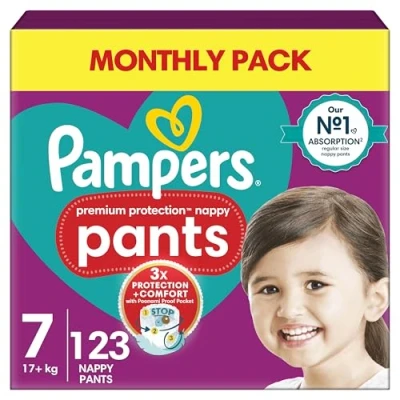 Image of Pampers Premium Protection Nappy Pants Size 7, 123 Nappies, 17kg+, Monthly Pack, With 360 Fit and Ultra Soft Materials for Our Best Comfort &amp;
