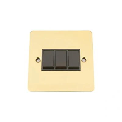 Image of Light Switch 3 Gang Polished Brass Flat Black Insert Plastic 10 Amp Triple 2 Way
