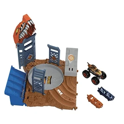 Image of Hot Wheels Monster Trucks Arena Smashers Tiger Shark Spin Out Challenge with a 1:64 Scale and 2 Crushable Cars, HNB93