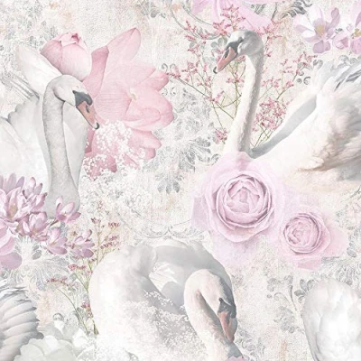 Image of Glitter Swans Wallpaper Pink White Silver Damask Floral Textured Cygnet YöL