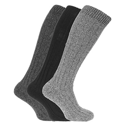 Image of Universal Textiles Mens Wool Blend Long Length Socks With Padded Sole (Pack Of 3) , UK Shoe 6 11, EUR 39 45, Black/Charcoal/Grey