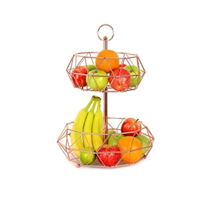 Image of Royal Cuisine Rose Gold 2 Tiers Baskets Veg &amp; Fruits storage Rack Fruit Basket Large for Kitchen Counter Top Vegetables (Rose Gold)