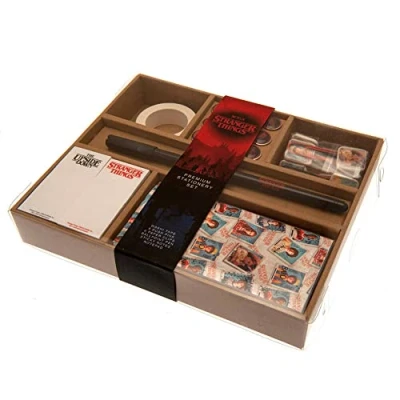 Image of Pyramid International Stranger Things Social Stationery Set consisting of washi tape, plush pins, paper clips, ballpoint pen, sticky notes and notepad