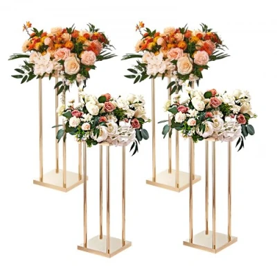 Image of VEVOR 4PCS Gold Metal Column Wedding Flower Stand, 31.5inch/80cm High With Laminate, Vase Geometric Centerpiece Stands, Cylindrical Floral Display Rack for Events Reception, Party Road Leads