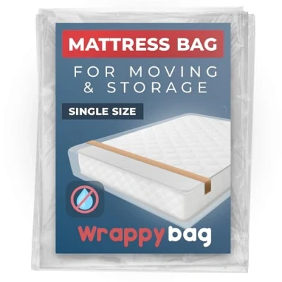 Image of Wrappybag Heavy Duty Mattress Cover Bag Waterproof Plastic Protector for Moving, Storage &amp; Transport Single Size
