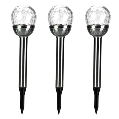 Image of Status Sydney 8cm White LED Solar Stake Light Crackle Glass Ball Stainless Steel, 3 Pack