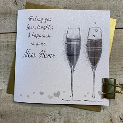 Image of WHITE COTTON CARDS TARTAN FLUTES, SCOTTISH NEW HOME CARD, HAND FINISHED (D64)