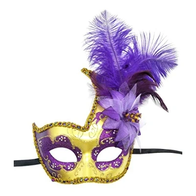 Image of Coolwife Costume Mask Feather Masquerade Halloween Mardi Gras Cosplay Party Masque (Gold Purple)