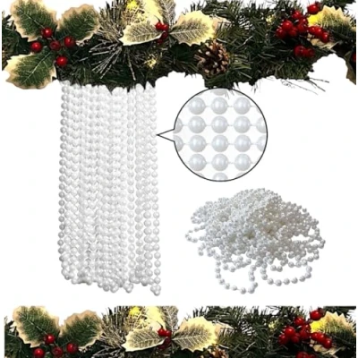Image of 10m Christmas Bead Garland, Luxury Tree &amp; Room Decoration, 8mm Beads, Long Decoration Chain. (White Pearl)