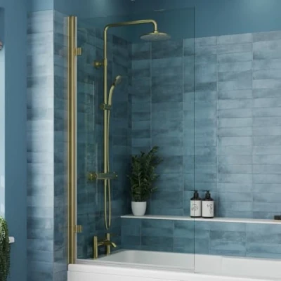 Image of Luxura® 1520 x 830mm Brushed Brass Over Bath Shower Screen Hinged Panels &amp; Screens for Baths Bathroom Frameless Square 6mm Clear Toughened Safety Glass