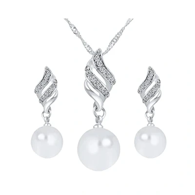 Image of FFWTPY Jewellery Sets for Women Pearl Necklace and Earrings Set Wedding Brides Silver Pendant Bridal Rhinestone Dangle Jewelry Mother Girls (Silver)