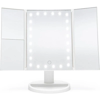 Image of Rio 24 LED Tri Fold Makeup Mirror with Touch Dimmable Lights, 3X/2X Magnification, 3 Color Modes, Portable Dual Power Cosmetic Vanity for Home and Travel, Perfect Close up Beauty (White)
