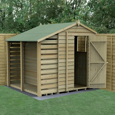 Image of 7&#039; x 5&#039; Forest 4Life 25yr Guarantee Overlap Pressure Treated Apex Wooden Shed with Logstore (2.18m 2.31m)