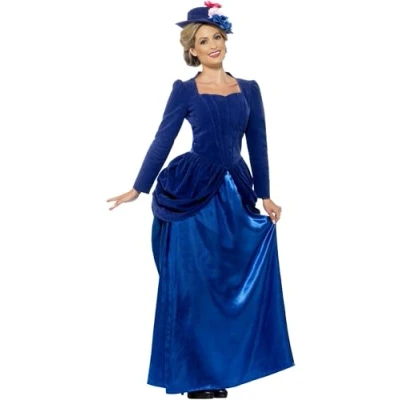 Image of Smiffys Deluxe Victorian Vixen Costume, Blue with Top, Skirt &amp; Hat, Historical Fancy Dress, Adult Dress Up Costumes