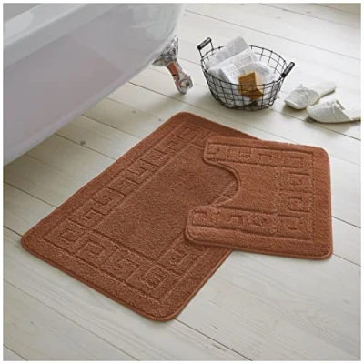 Image of GC GAVENO CAVAILIA Greek Key Pattern Bath Mats 2 Piece Sets Non Slip, Soft Washable Rug Quick Dry Water Absorbent Bathroom Shower Mat &amp; Pedestal Set, Terracotta