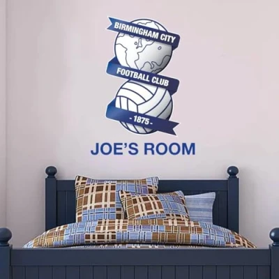Image of Beautiful Game Birmingham City Football Club Crest &amp; Personalised Name Wall Sticker + BCFC Badge Vinyl Mural Decal Bedroom Gift Art (60cm)