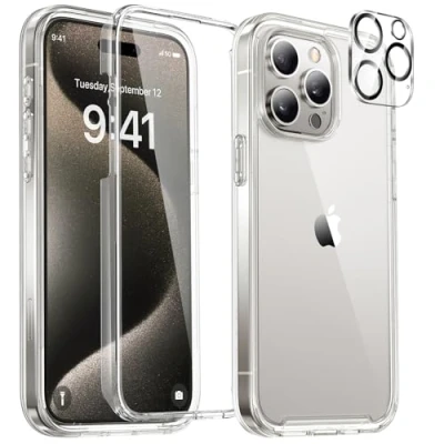 Image of Miracase Glass Case for iPhone 15 Pro Max 6.7 Inch, Full Body Bumper Clear Back Cover and Built in 9H Tempered Screen Protector + Camera Lens (Clear)