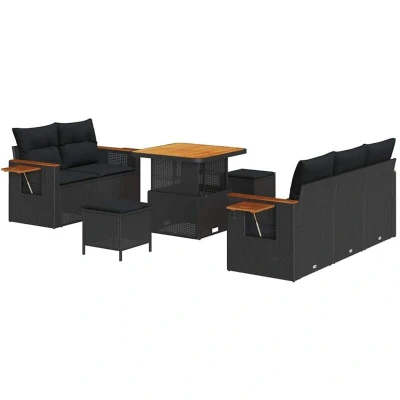 Image of vidaXL 8 Piece Garden Sofa Set with Cushions Black Poly Rattan Acacia