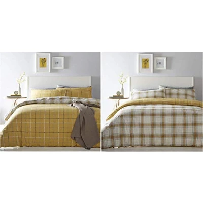 Image of Portfolio Skye Duvet Cover Reversible Checked Bed Set, Polycotton, Ochre, Double