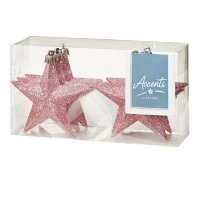 Image of Shatterproof Christmas Stars 6 Pack 100mm Premier Tree Decoration, glitter Star Baubles (Pink 9516)