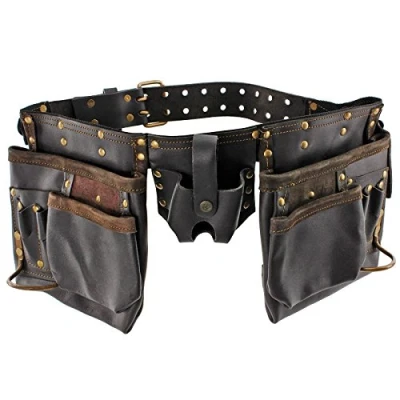 Image of SPARES2GO Oil Tanned Double Leather Tool Belt 12 Pocket Joiners Nails Pouch