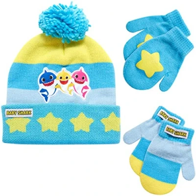 Image of Nickelodeon Boys&#039; Baby Shark Winter Hat and Mitten Gloves Set (Toddler), Size Age 2 4, Blue/Yellow
