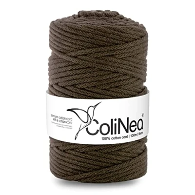 Image of ColiNea Cotton Cord with Core 5 mm 100 m Yarn DIY Macrame Knitting Dark Brown Ideal for Crafts Rope