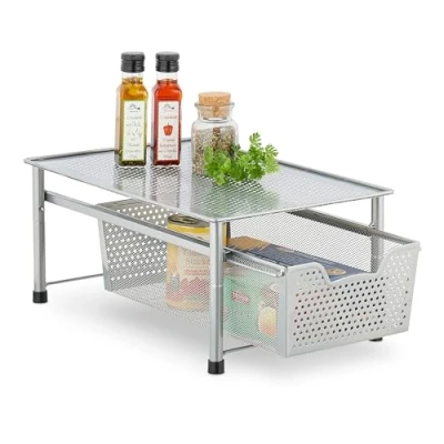 Image of Relaxdays Drawer Shelf, Stackable Organiser, Metal, Kitchen, Bathroom, Pull out Basket, HWD: 19 x 28 42.5 cm, Silver, 90% steel 10% plastic