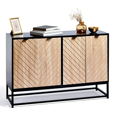 Image of VonHaus Sideboard Modern Storage Cabinet with 4 Doors &amp; Shelf Industrial Black Framed Unit Large Top Surface Metal Legs Living Room for Lounge, Hallway Dalton