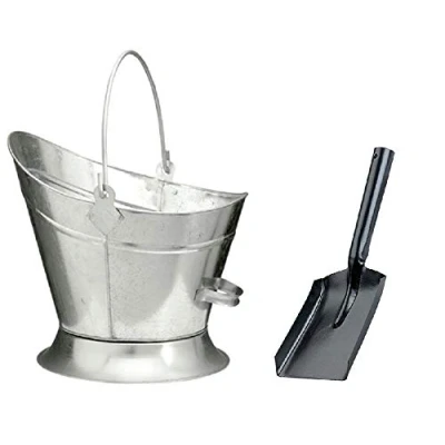 Image of Heavy Duty Metal Fireside Waterloo Bucket Fireplace Hod Scuttle Coal Fuel Ash Wood Log Storage Option with Shovel and Poker (Glavnised + Shovel)