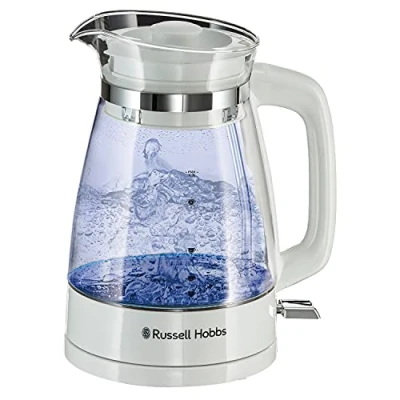 Image of Russell Hobbs Carafe Style 1.7L Cordless Electric glass Kettle with white handle, lid &amp; base and blue internal illumination (Fast boil, 3KW, Anti scale filter, Pull off lid, unique spout) 26081